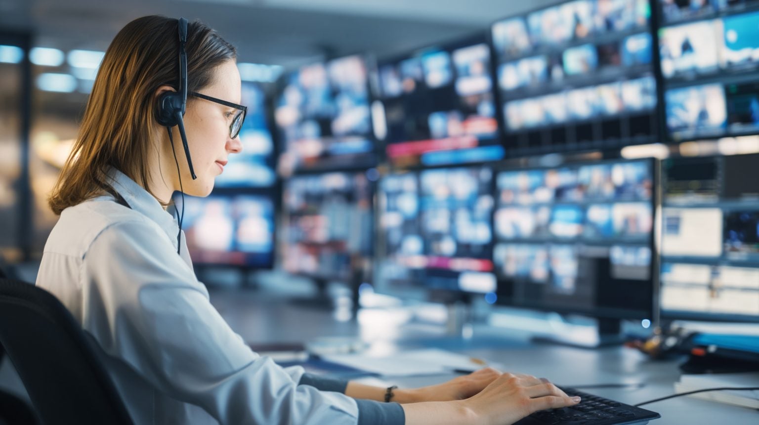 A woman wearing a headset sits at a desk with multiple monitors displaying various images and data in a control room environment.