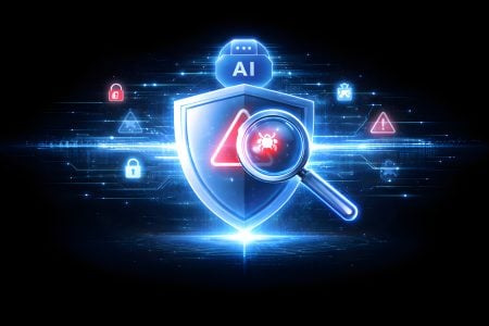 A digital illustration of a shield labeled "AI", a magnifying glass revealing a bug icon, and security symbols suggesting AI-powered cybersecurity threat detection.