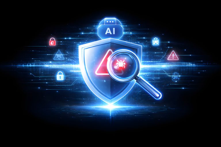 Bypass AI Detectors With A Free AI Humanizer: Why More Writers Are Choosing Ryne AI A digital illustration of a shield labeled "AI", a magnifying glass revealing a bug icon, and security symbols suggesting AI-powered cybersecurity threat detection.