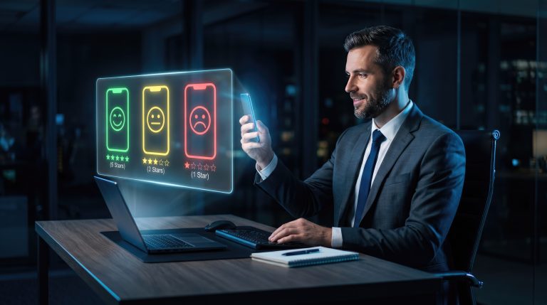 A man in a suit sits at a desk with a laptop and notebook, using his phone to select a one-star rating on a holographic feedback interface.