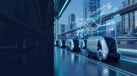 Futuristic autonomous delivery vans drive in a line on a city road, with digital graphics representing data and connectivity overlaying the scene.