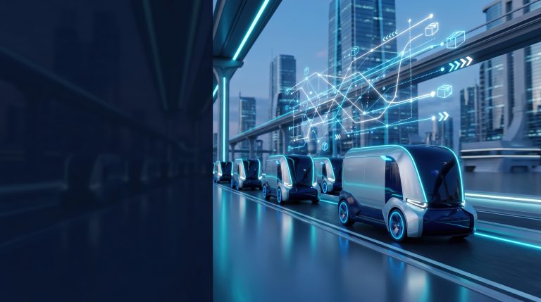 Futuristic autonomous delivery vans drive in a line on a city road, with digital graphics representing data and connectivity overlaying the scene.