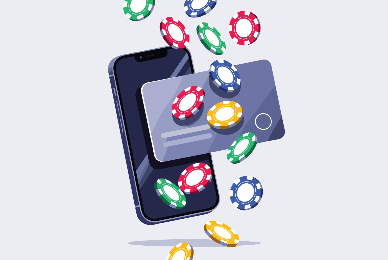 A smartphone and a credit card with colorful casino chips falling out, representing online gambling or digital betting.