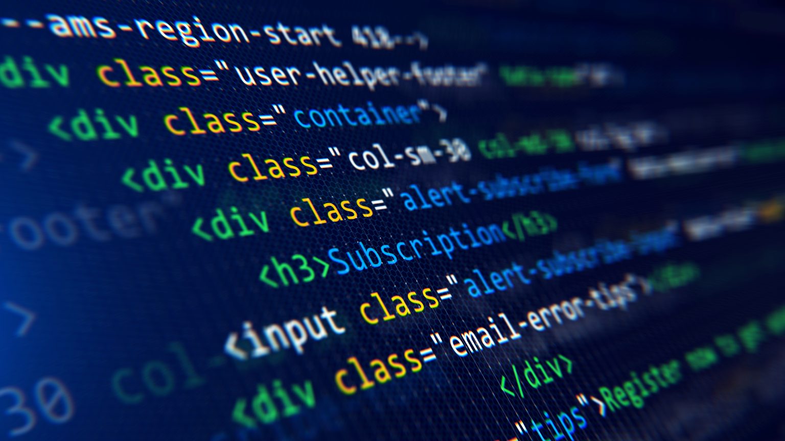 What’s The Difference Between A DoFollow And A NoFollow link? Close-up of a computer screen displaying colorful HTML code with highlighted tags and classes for a web page layout.