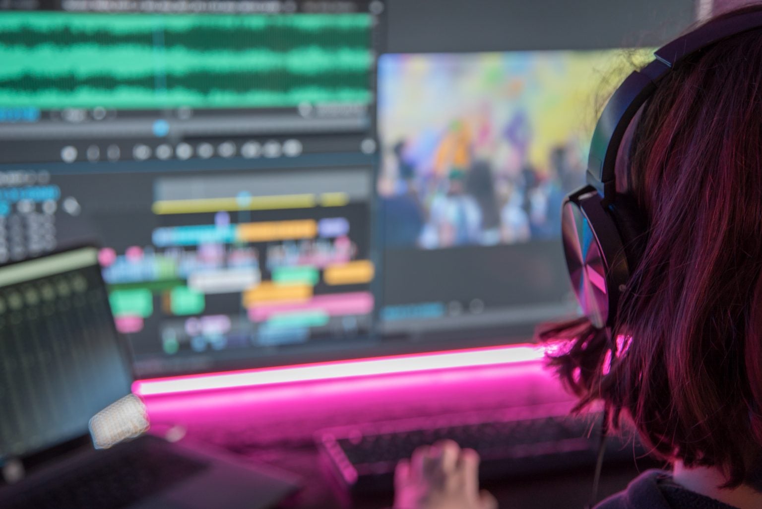 What Most Event Planners Get Wrong About AV (And How to Fix It Before Your Next Event) A person wearing headphones edits audio and video files on a computer with multiple screens, showing colorful timelines and waveforms.