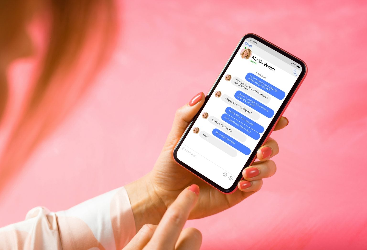 A person holding a smartphone and texting with someone named Evelyn, with blue and white chat bubbles visible on the screen, against a pink background.