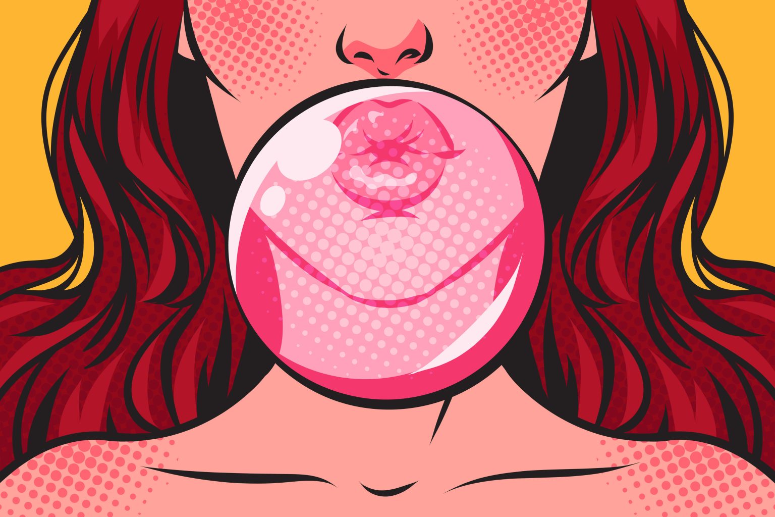 Illustration of a person with red hair blowing a large pink bubblegum bubble, covering their mouth and part of their face.