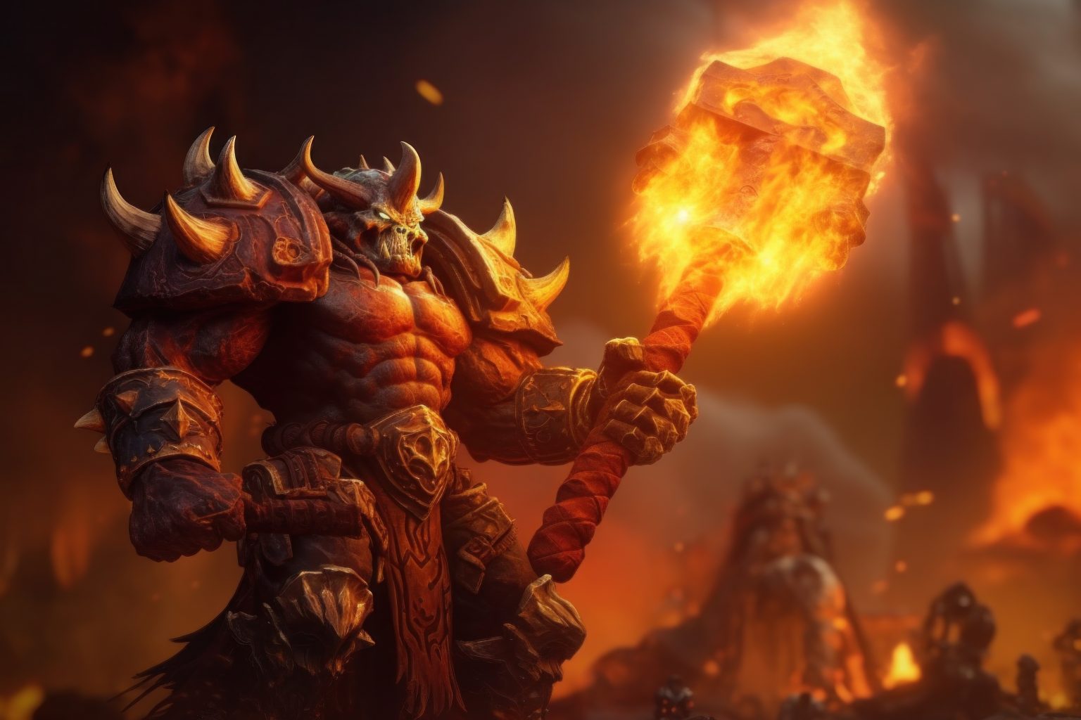 A muscular horned demon in spiked armor holds a large, flaming hammer in a fiery, smoke-filled environment.