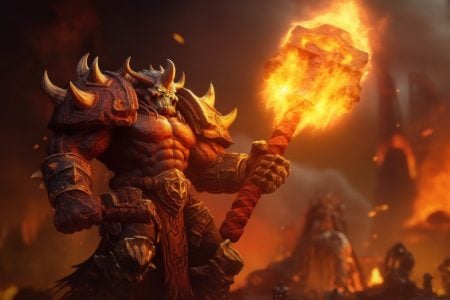 A muscular horned demon in spiked armor holds a large, flaming hammer in a fiery, smoke-filled environment.