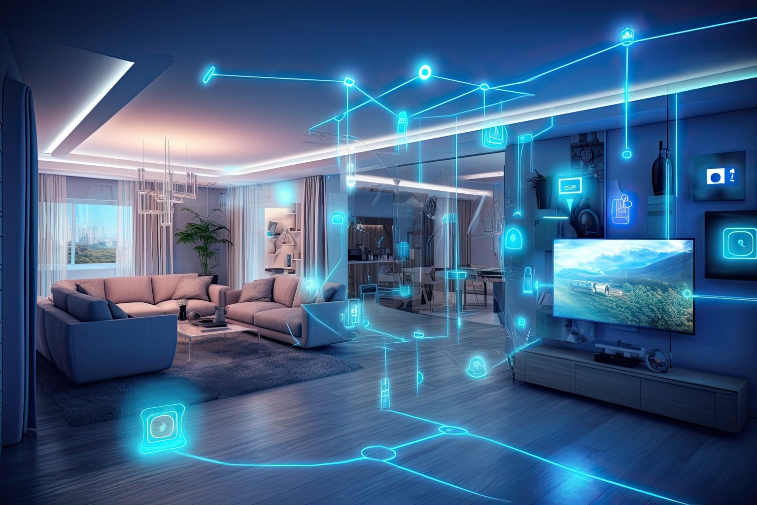 Modern living room with virtual blue lines and icons overlay, depicting smart home technology connecting devices like lights, TV, and security systems throughout the space.