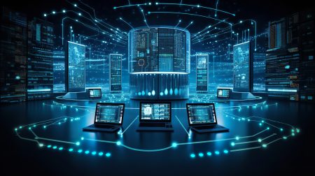 The Proactive Path: How Resilient Infrastructure Drives Always-On Productivity A futuristic data center with large digital screens, multiple laptops on desks, and glowing blue circuit-like lights connecting the equipment.