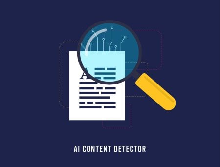 A magnifying glass hovers over a document with circuit-like lines, representing analysis, above the text "AI Content Detector" on a dark blue background.