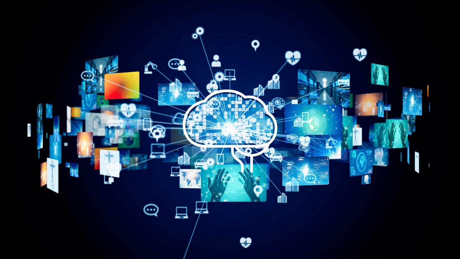 A digital cloud icon is connected to multiple screens displaying various images, representing cloud computing and data sharing on a dark background.