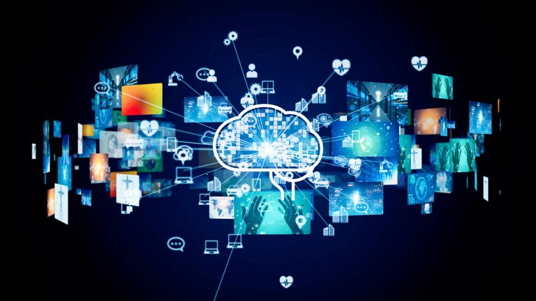 A digital cloud icon is connected to multiple screens displaying various images, representing cloud computing and data sharing on a dark background.