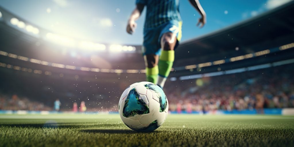 Close-up of a soccer player about to kick a ball on a field, with a stadium and blurred crowd in the background.