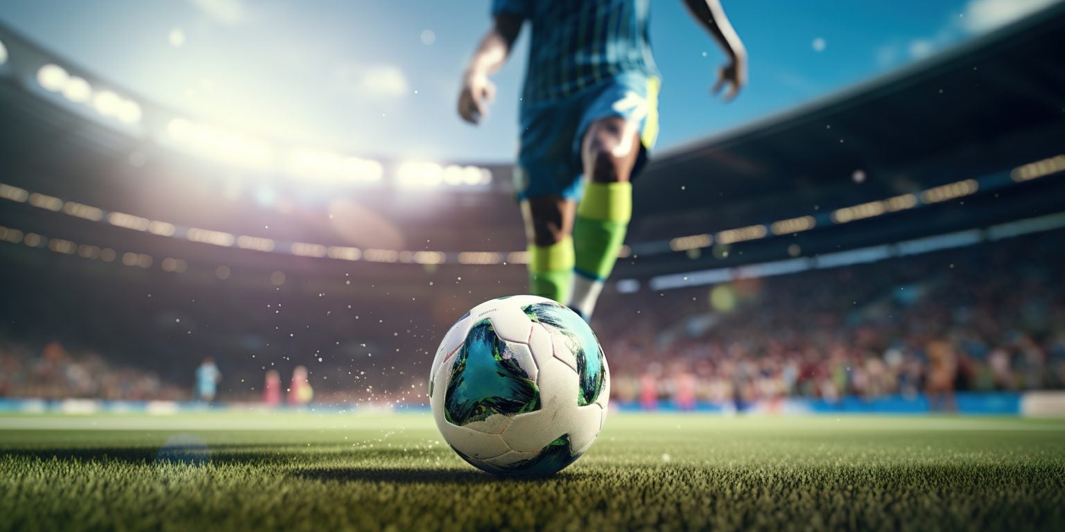 Close-up of a soccer player about to kick a ball on a field, with a stadium and blurred crowd in the background.
