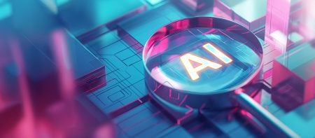 A magnifying glass focuses on glowing "AI" letters over a stylized, futuristic circuit board background in blue and pink tones.