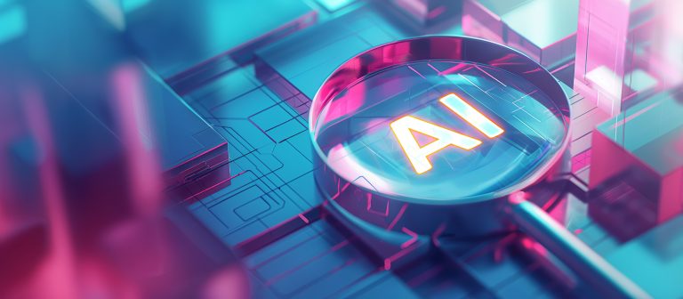 Writing In The AI Era: Why Content Checking Tools Like REILAA Matter A magnifying glass focuses on glowing "AI" letters over a stylized, futuristic circuit board background in blue and pink tones.