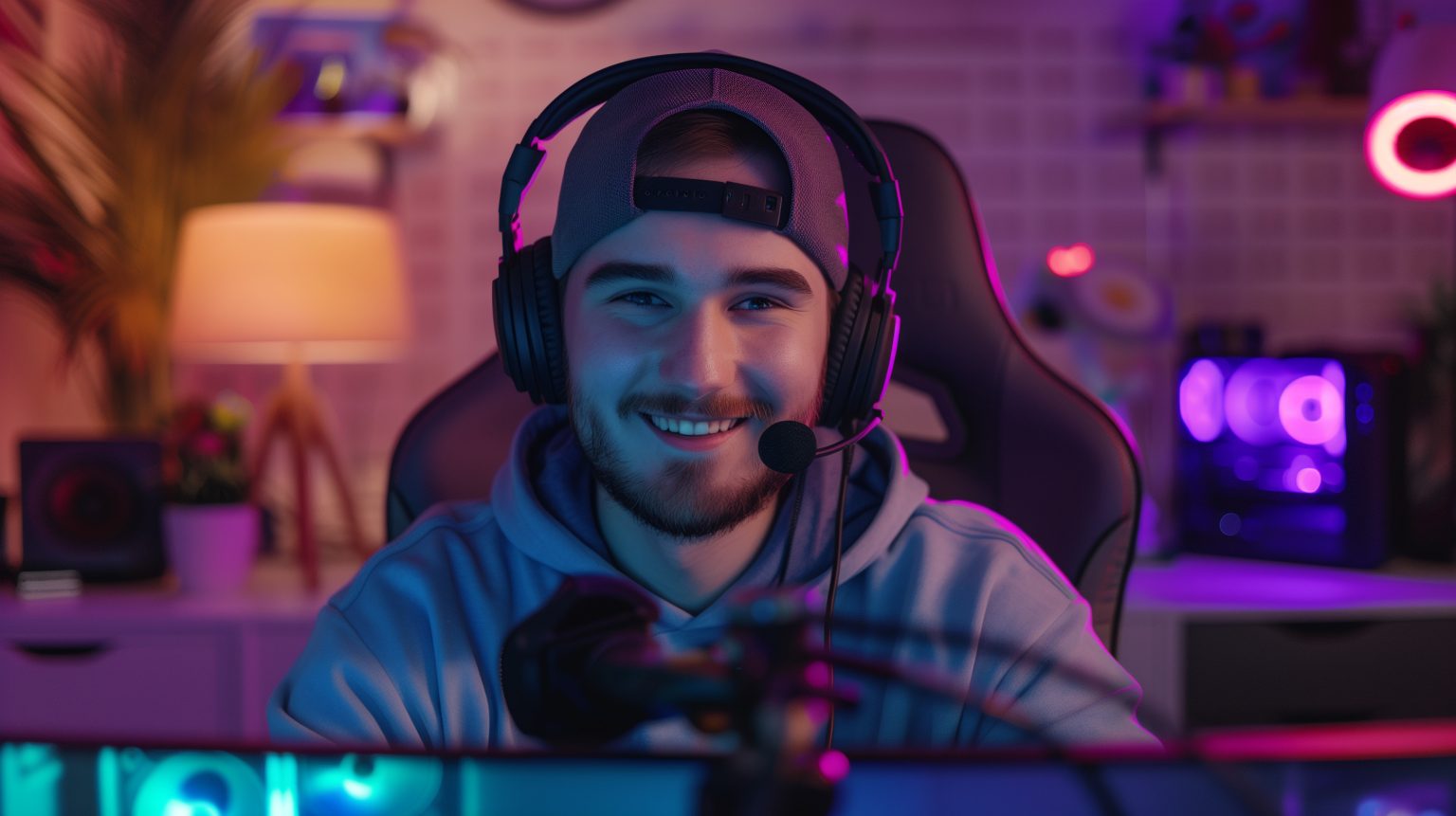 How Streamers Can Turn Their Brand Into Wearable Merch A young man wearing a headset and cap sits at a gaming desk, smiling at the camera, with colorful LED lights and gaming equipment in the background.