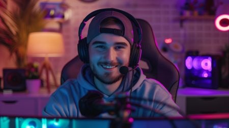 A young man wearing a headset and cap sits at a gaming desk, smiling at the camera, with colorful LED lights and gaming equipment in the background.