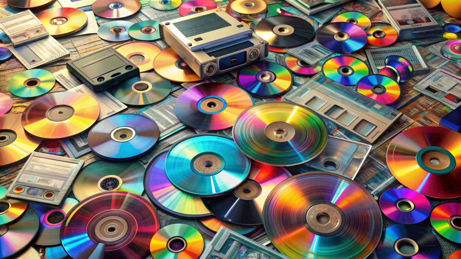 From Dice To Digital: Why Transmedia Storytelling Is The New Standard For Geek Culture A variety of compact discs, floppy disks, and cassette tapes scattered on a wooden surface, reflecting colorful light.