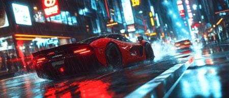 The Best Sport Video Games A red sports car drives through a wet city street at night in the rain, surrounded by neon lights and reflections on the pavement.