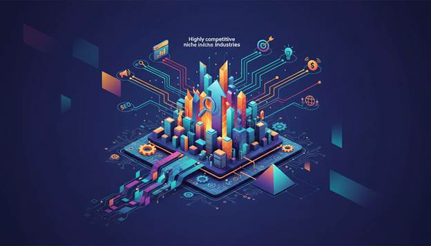 Illustration of a digital city rising from a computer chip, with icons representing various industries and technologies connected by circuit-like lines.