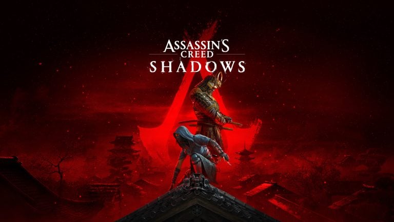 Two characters from Assassin's Creed Shadows stand on a rooftop with a red background and Japanese architecture, game title displayed above them.