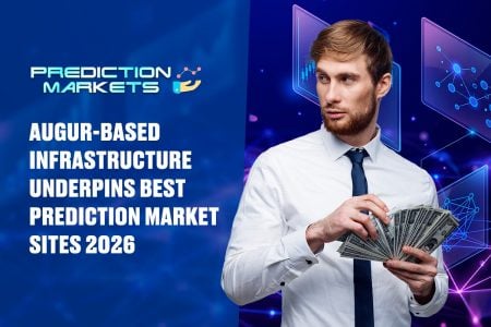 A man in a white shirt holds cash, with digital graphics and text stating "Augur-based infrastructure underpins best prediction market sites 2026.