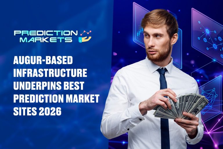 Augur-Based Infrastructure Underpins Best Prediction Market Sites 2026 A man in a white shirt holds cash, with digital graphics and text stating "Augur-based infrastructure underpins best prediction market sites 2026.