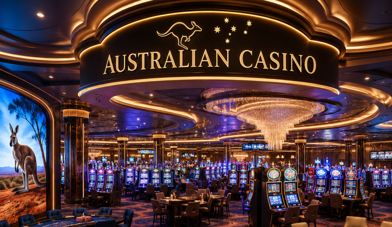 Best Free Chip Casino Australia: Top Sites And Offers For 2026 Australian Casino interior with bright slot machines and luxurious lighting.