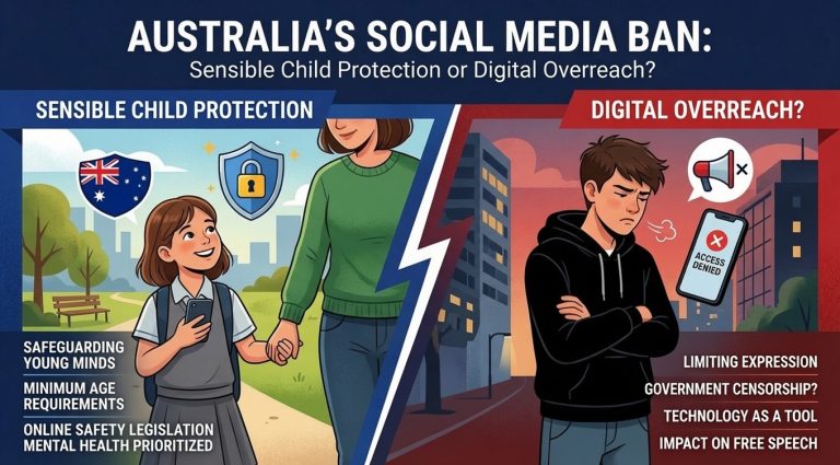 Illustration comparing arguments for and against Australia’s social media ban, highlighting child protection benefits versus concerns over digital overreach and free speech.