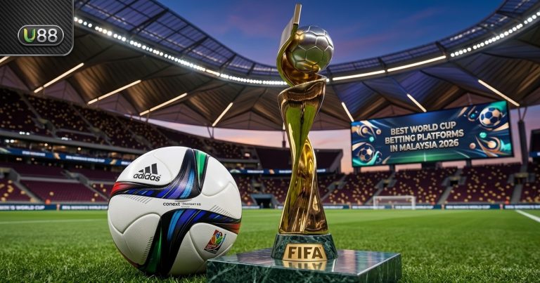 Best World Cup Betting Platforms In Malaysia 2026 A FIFA trophy and Adidas soccer ball on a stadium field, with a digital screen in the background displaying "Best World Cup Betting Platforms in Malaysia 2026.