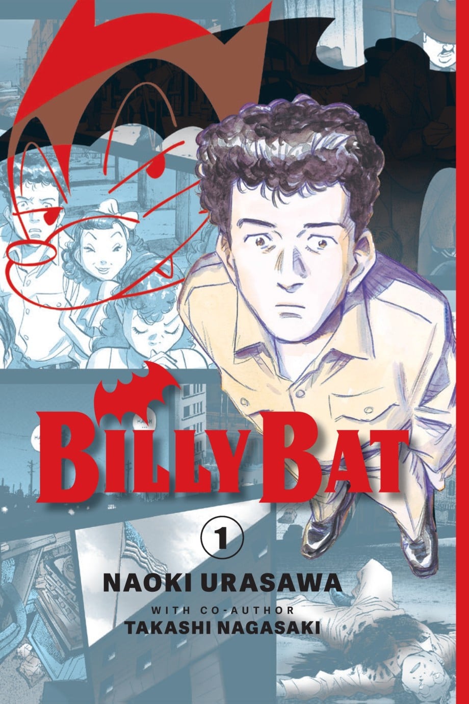 Cover of "Billy Bat" volume 1 featuring a man in a beige shirt in the foreground, with comic-style illustrations and a red bat symbol in the background.