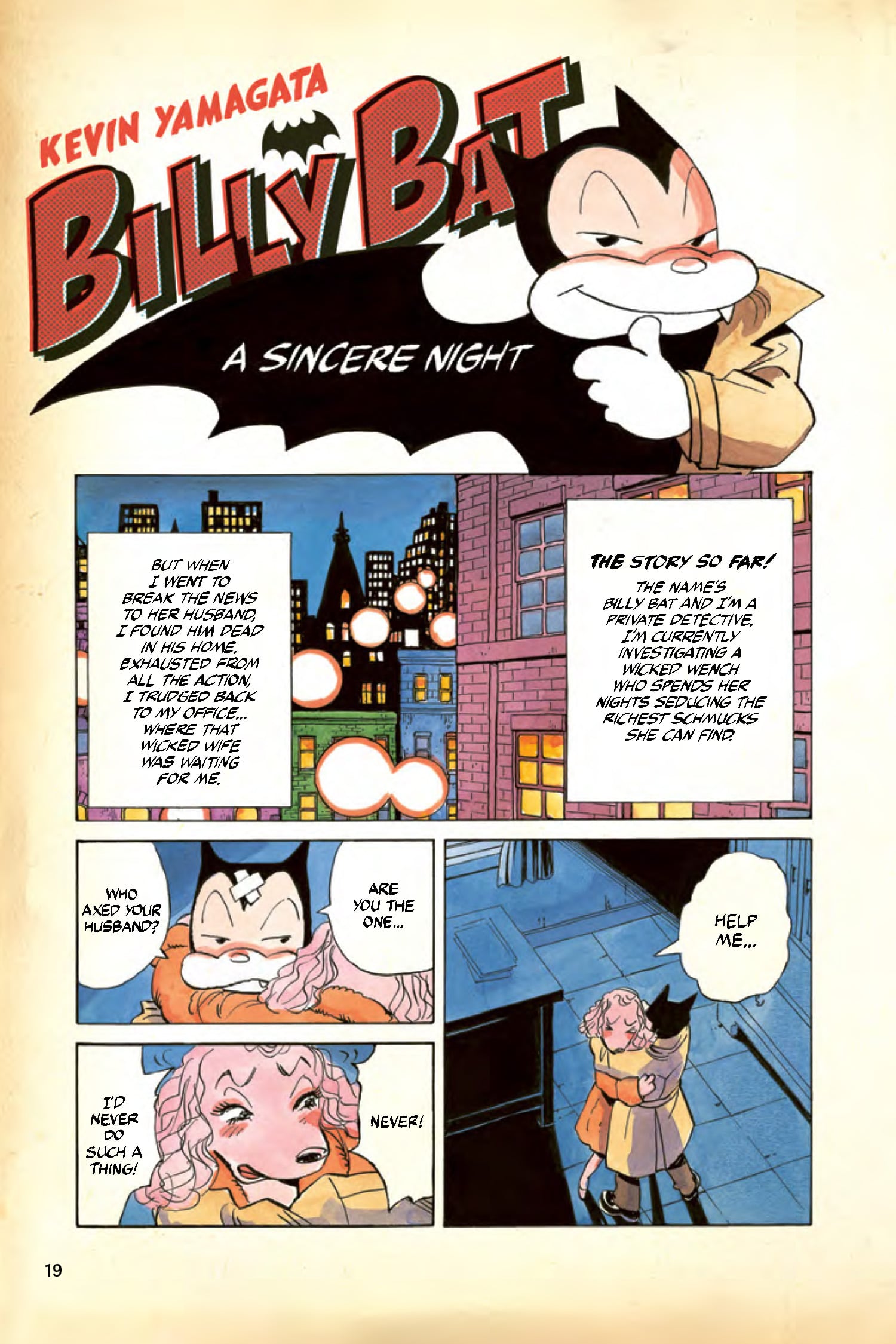 Comic book page showing a cat character named Billy Bat in the title panel, with subsequent panels of a woman being confronted by another woman on a city street at night.