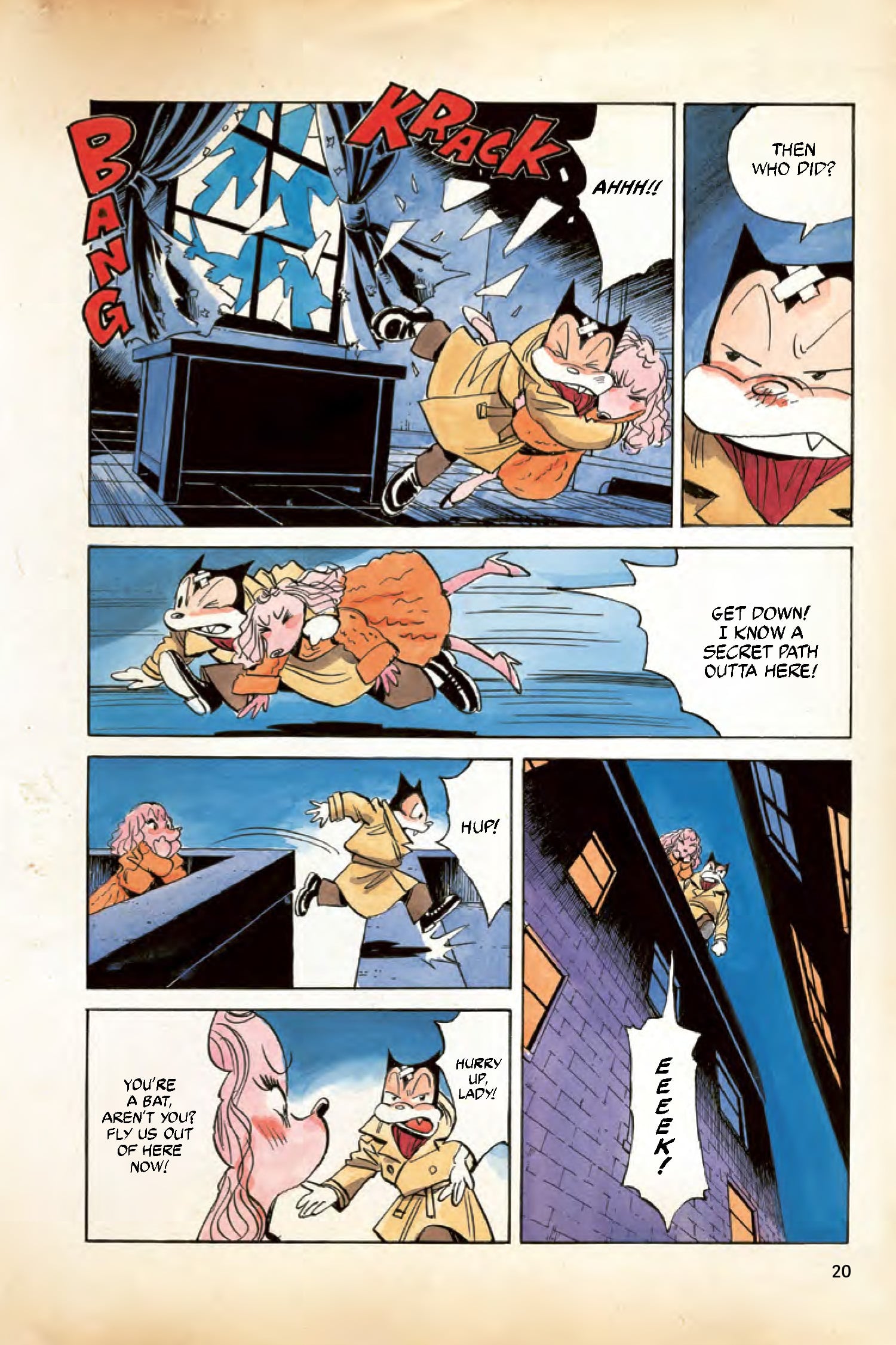 A masked character carries a surprised woman while escaping through a window at night as gunshots shatter glass; the woman expresses concern about being dropped.