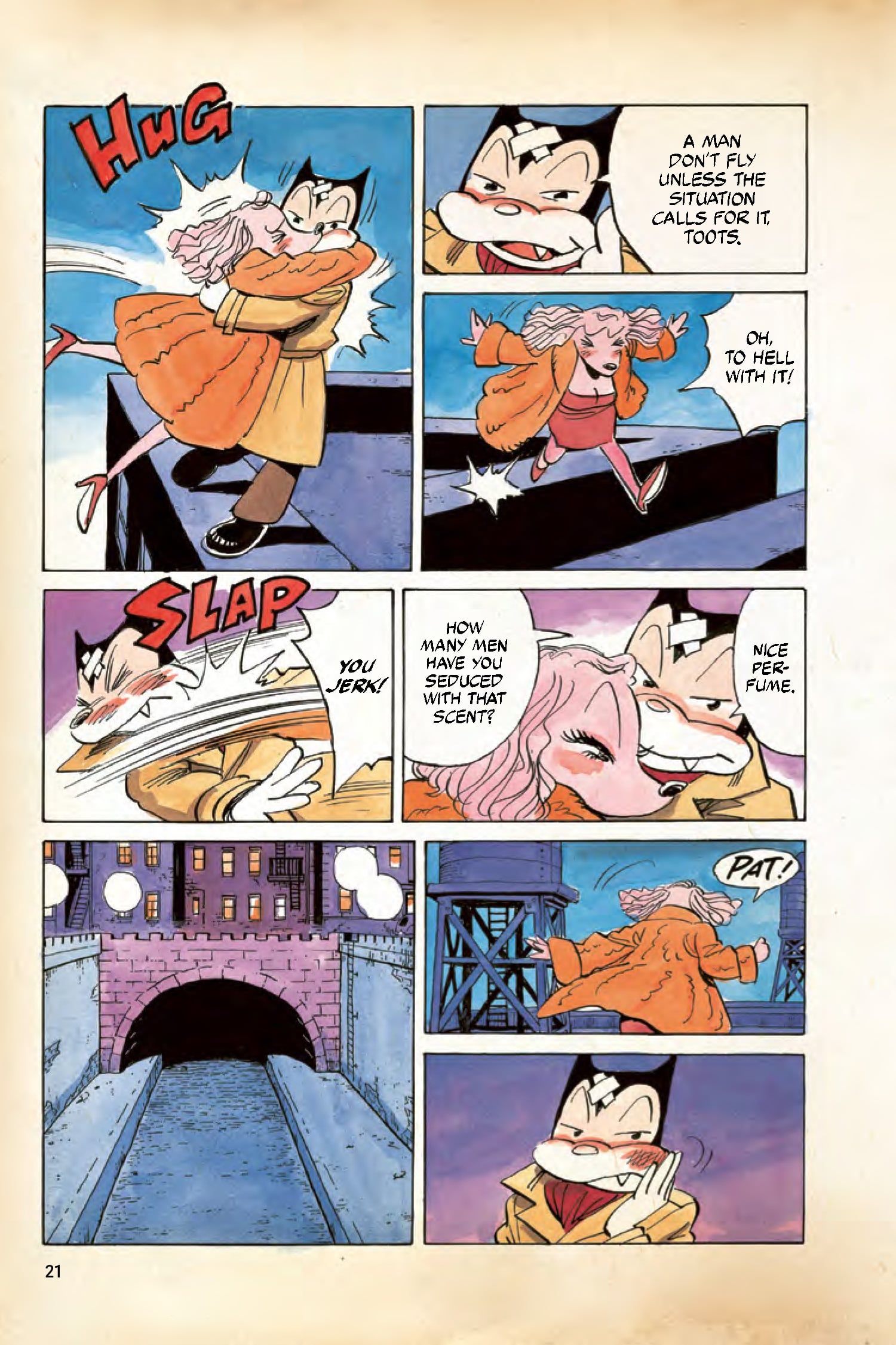 A comic page shows a man grabbing and kissing a woman near a bridge; she slaps him, insults follow, and he looks disappointed as she walks away.