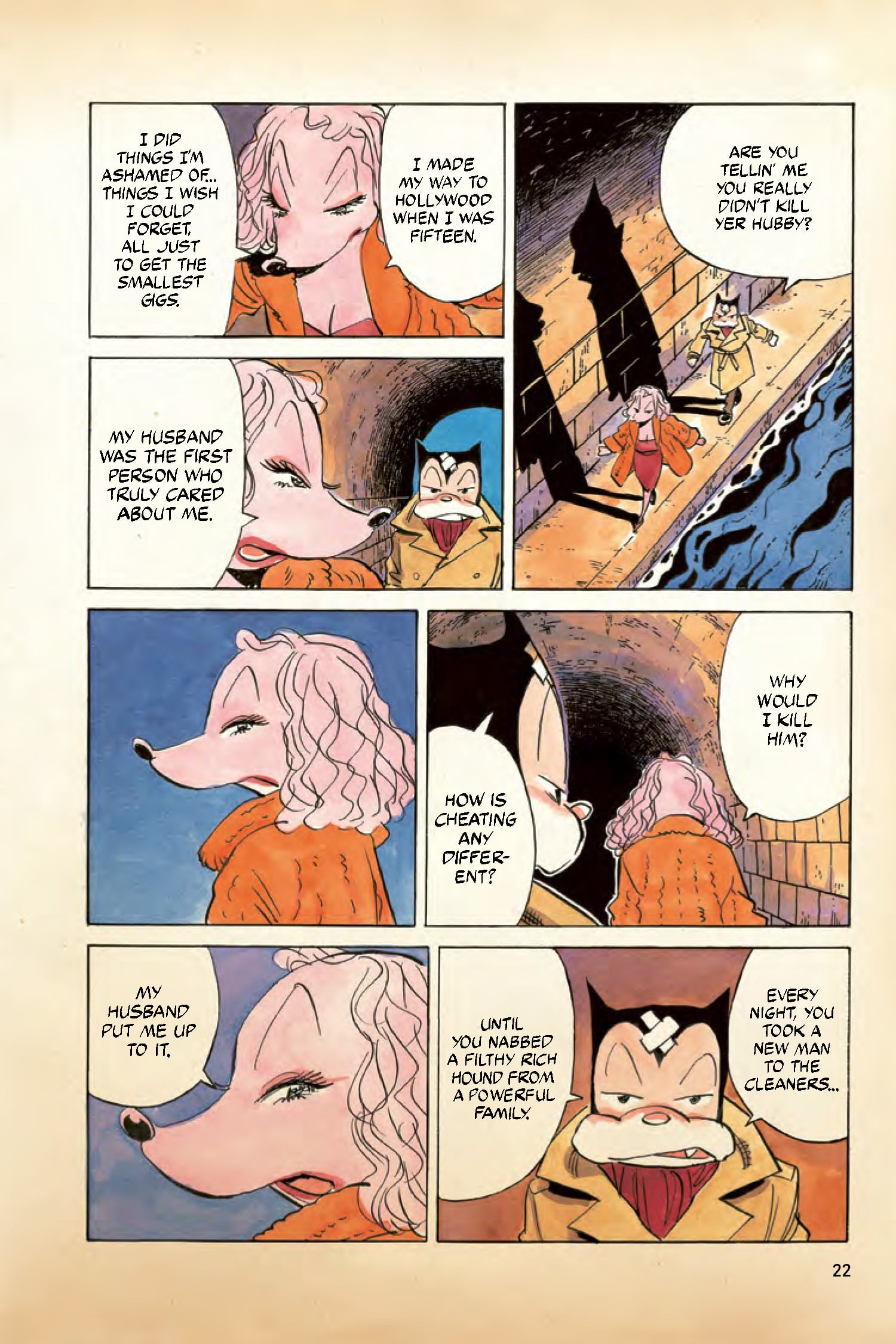Two anthropomorphic characters, a pig and a dog, have a serious conversation at night by a canal. The scene alternates between their close-ups and long shots on a stone walkway.