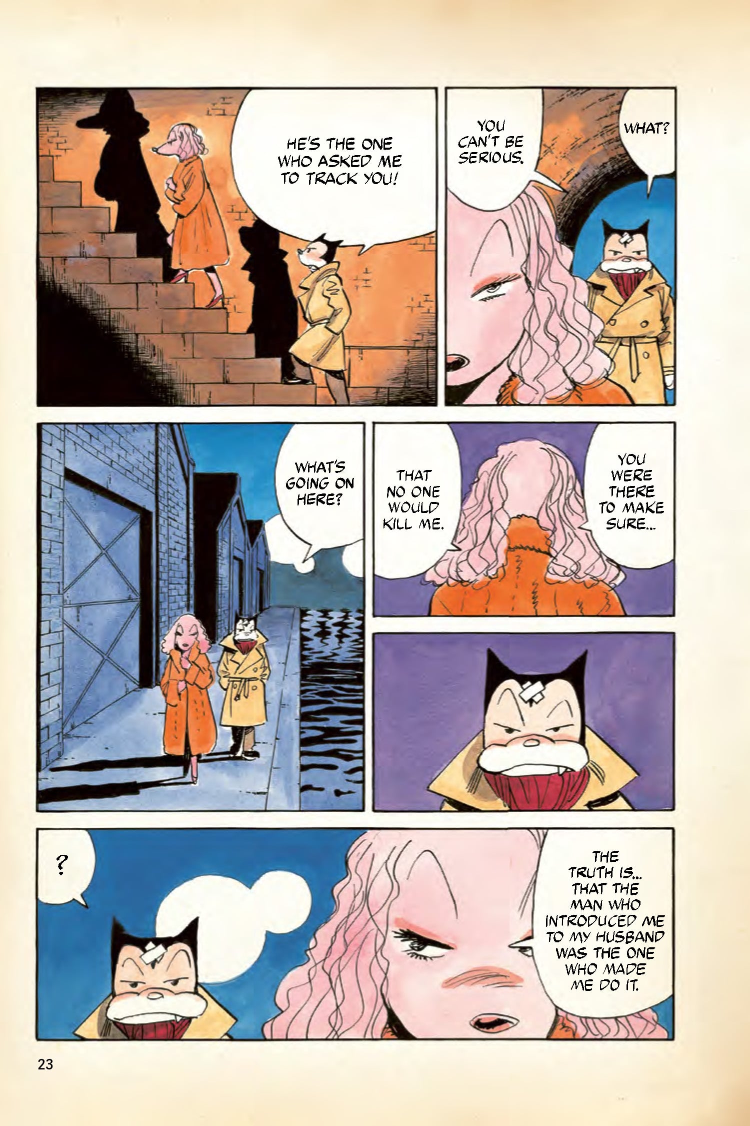 A woman in a trench coat and a cat-like character walk through a city at night, having a serious conversation about tracking and motives for a crime.