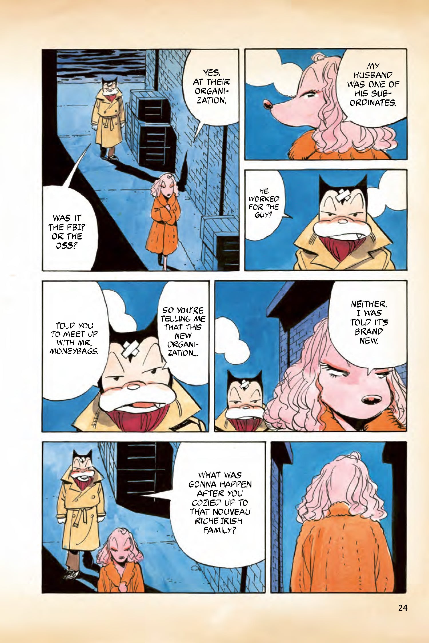 A wolf and a pink dog in coats converse outside a building at night, discussing the husband's work and criminal affiliations. Text dialogue appears in speech bubbles.