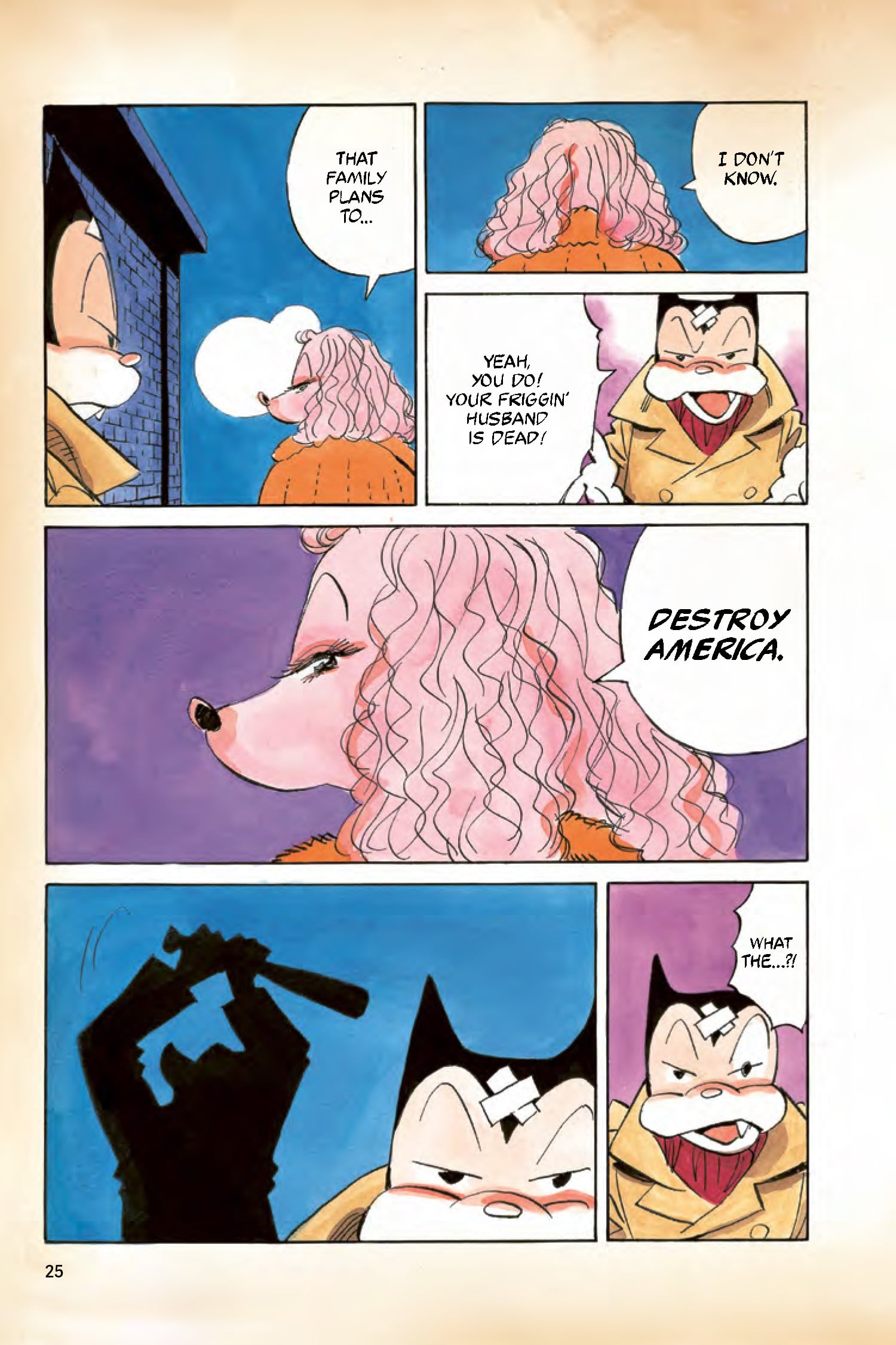 A dog character in a trench coat questions a poodle character; a shadowy figure appears behind with a raised weapon, surprising the dog. Bold text reads "DESTROY AMERICA.