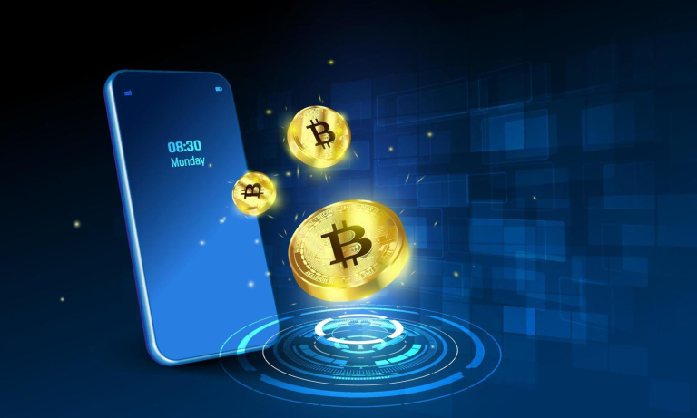 Bitcoin Wallets As Part Of Geek Culture: Gaming Rewards, Digital Collectibles, And Web3 Communities A smartphone next to three floating gold Bitcoin symbols above a digital platform, set against a blue, futuristic background.