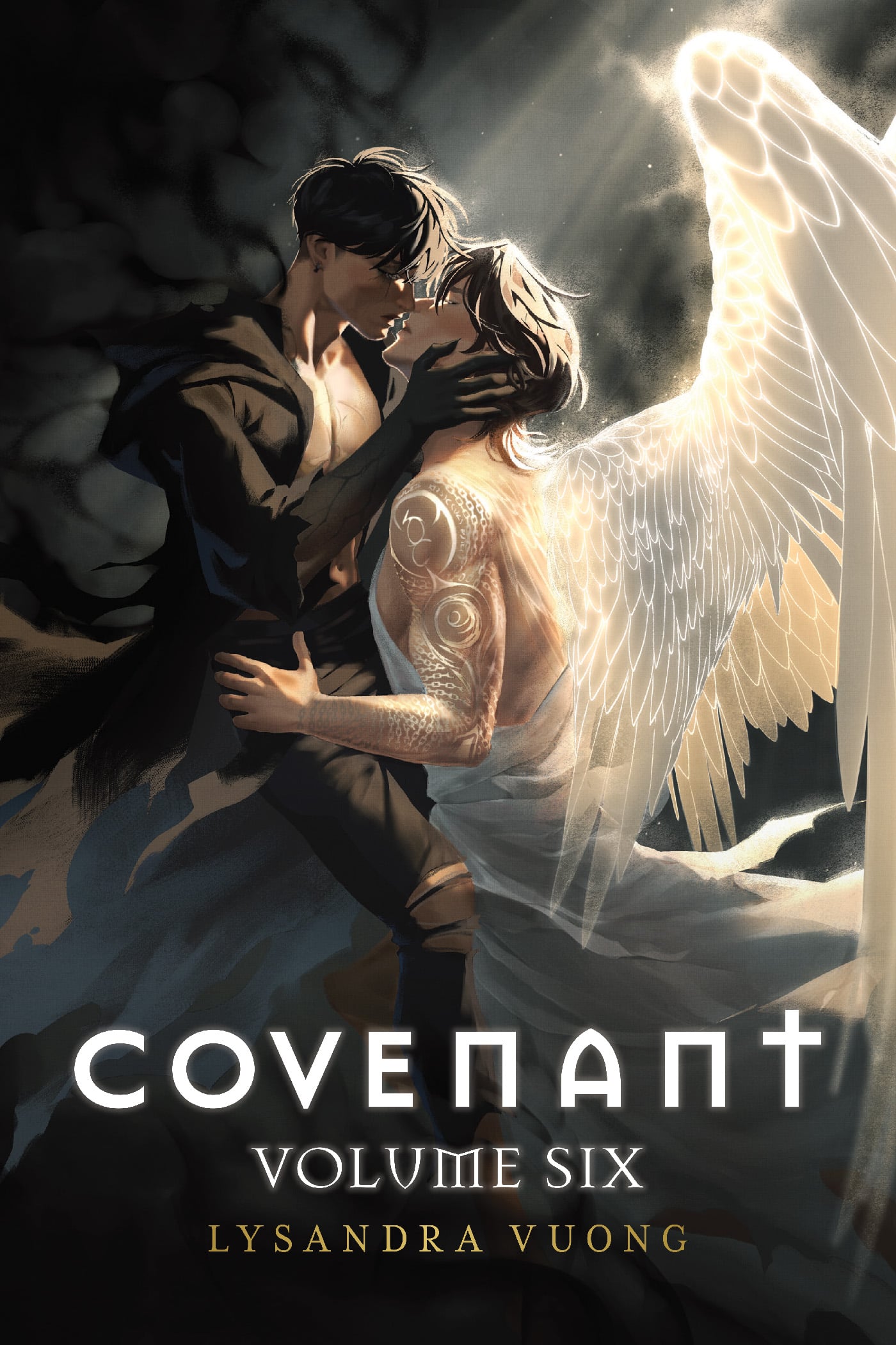 Two figures, one with wings and tattoos, embrace and kiss surrounded by dramatic lighting. Text reads "Covenant Volume Six, Lysandra Vuong.