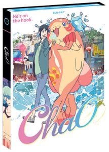 Blu-ray cover for "ChaO" features a smiling person walking with a large, colorful, humanoid fish creature in a lively, illustrated outdoor setting. Text reads “He’s on the hook.”.