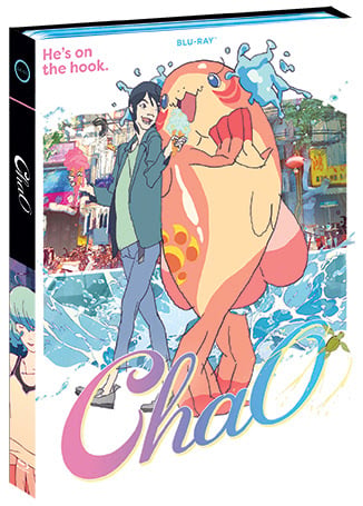 Blu-ray cover for "ChaO" features a smiling person walking with a large, colorful, humanoid fish creature in a lively, illustrated outdoor setting. Text reads “He’s on the hook.”.