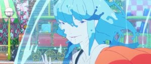 Anime character with blue hair and water-like features smiles while waving, with colorful buildings and a carriage in the background.