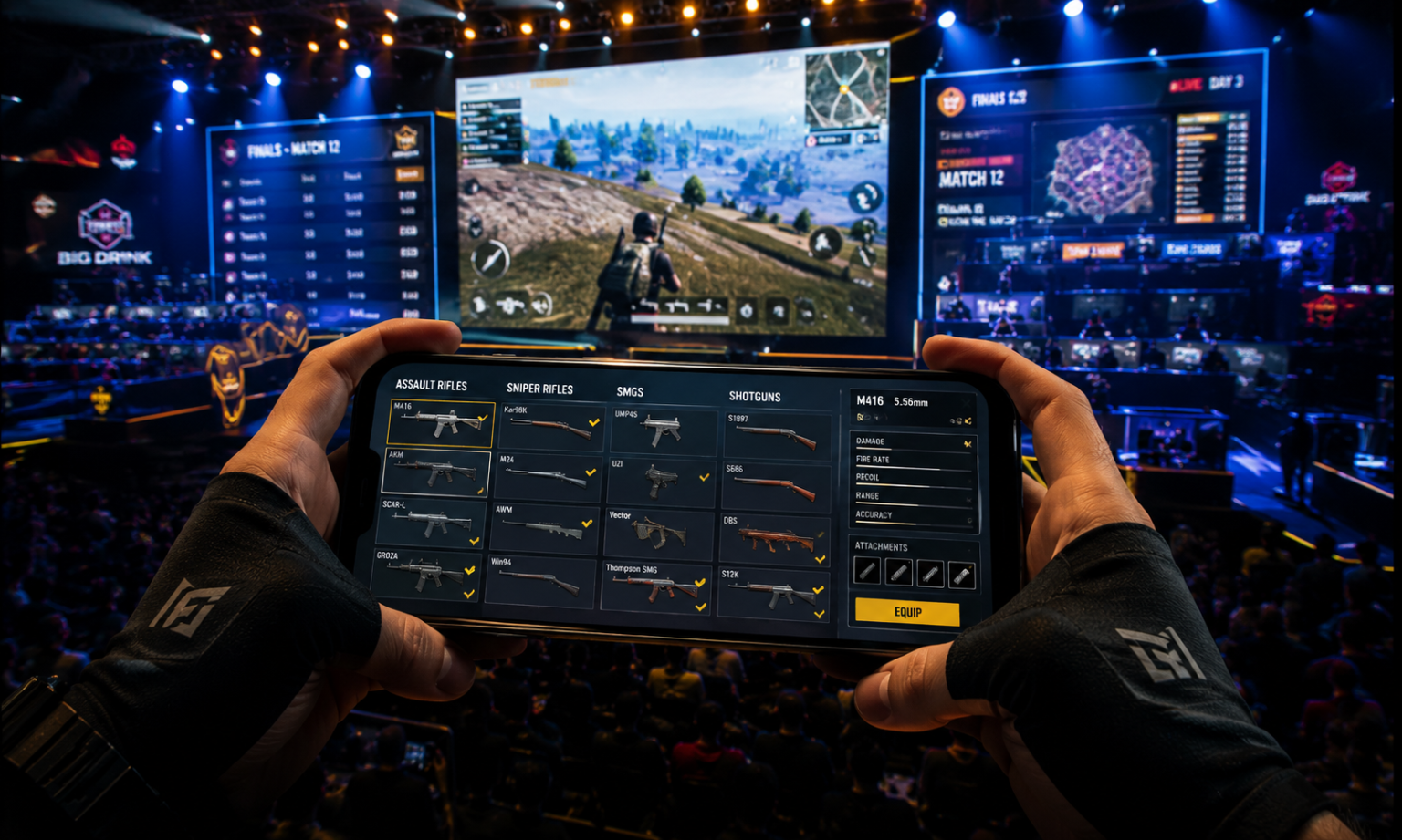 How Weapon Choices Shape Competitive Mobile Gaming A person wearing gaming gloves holds a smartphone displaying a weapon selection screen at a large esports event, with a PUBG game projected on stage in the background.