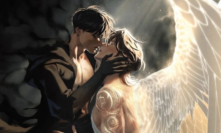 A dark-clothed figure gently holds and leans toward a figure with glowing tattoos and white angel wings, both gazing intensely at each other in a softly lit setting.