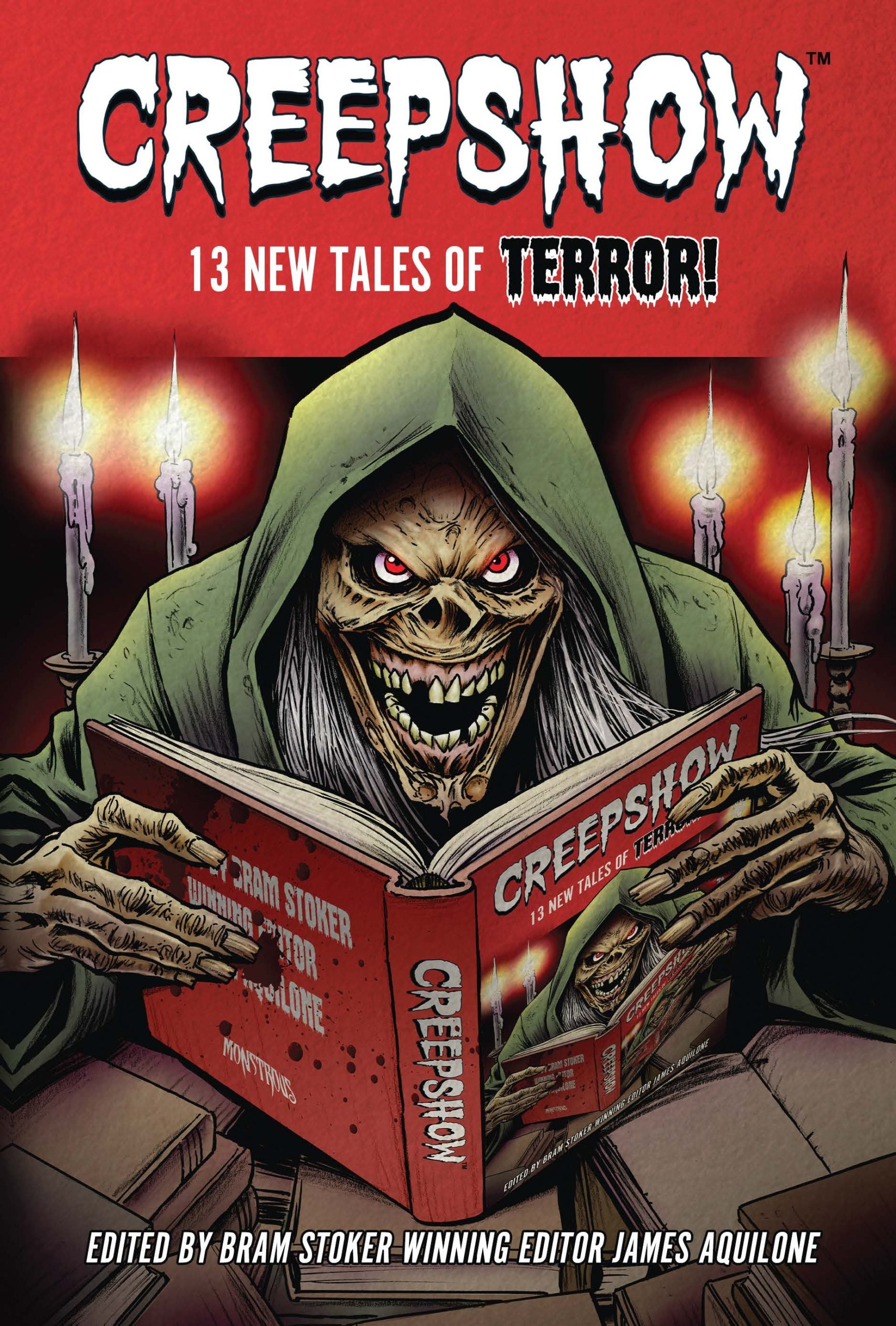 A skeletal creature with long hair reads a "Creepshow" comic at a candlelit table; the cover promotes "13 new tales of terror" and is edited by James Aquilone.
