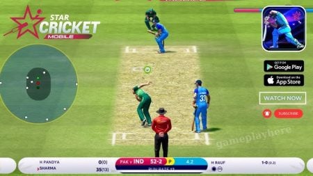A cricket video game screenshot shows a bowler delivering the ball to a batsman, with field placements and scores displayed on the screen.